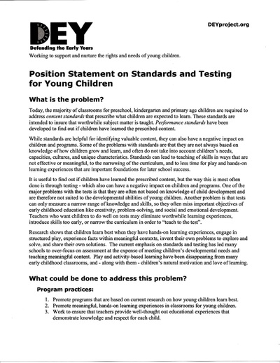DEY -- Position Statement on Standards and Testing for Young Children