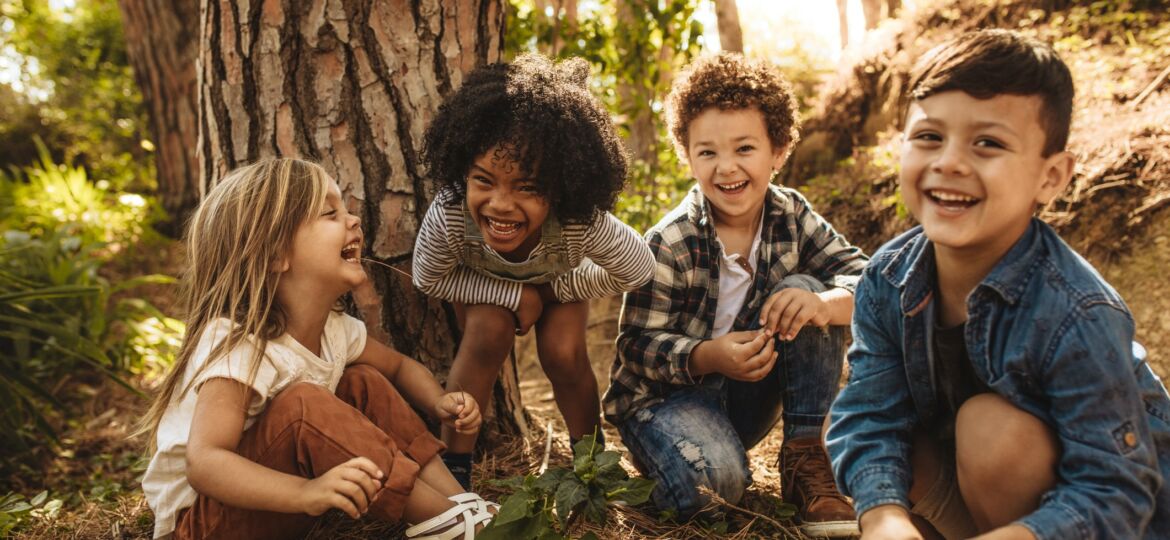 Group of cute kids playing in forest