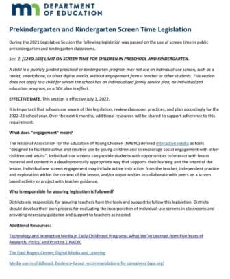 Summary of MN PreK and K Screen Time Legislation - text only