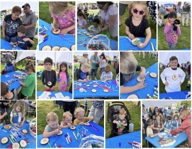 collage of children and families coloring wood cookies