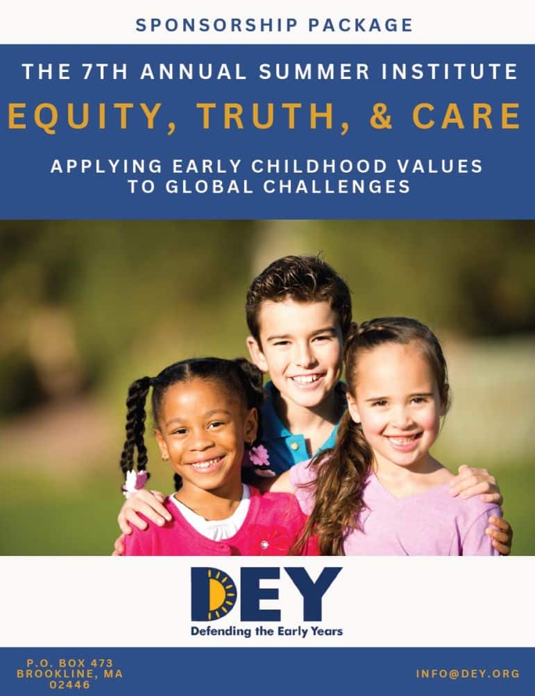 Three children smiling outdoors on a sponsorship package for the 7th Annual Summer Institute, themed "Equity, Truth, & Care." Contact details and DEY logo are included.