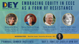Promotional graphic for a DEY event featuring headshots of four speakers and moderator details for a June 23, 2025, discussion on equity in early childhood education. Promotional graphic for a DEY event featuring headshots of four speakers and moderator details for a June 23, 2025, discussion on equity in early childhood education.