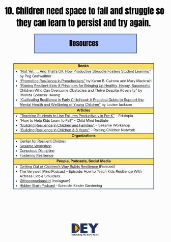 A list of resources, including books, articles, organizations, and podcasts, supporting the importance of allowing children space to fail and learn resilience. A list of resources, including books, articles, organizations, and podcasts, supporting the importance of allowing children space to fail and learn resilience.