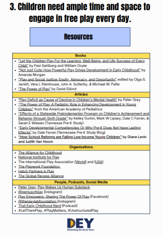 A resource list with books, organizations, and podcasts about the importance of daily play for children, emphasizing time and space for unstructured play. A resource list with books, organizations, and podcasts about the importance of daily play for children, emphasizing time and space for unstructured play.