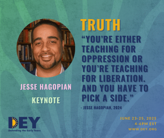 Jesse Hagopian smiles in front of bookshelves. Text highlights his keynote quote on teaching for oppression or liberation for a DEY event on June 23-25, 2025.