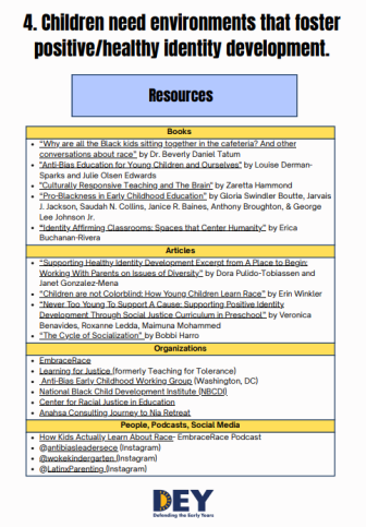 A resource list titled “Children need environments that foster positive/healthy identity development” with sections for books, articles, and links to social media and podcasts. A resource list titled “Children need environments that foster positive/healthy identity development” with sections for books, articles, and links to social media and podcasts.