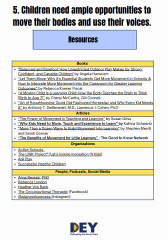 A resource list titled "Children need ample opportunities to move their bodies and use their voices," featuring books, organizations, and social media related to child movement. A resource list titled "Children need ample opportunities to move their bodies and use their voices," featuring books, organizations, and social media related to child movement.