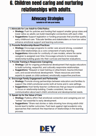 An infographic titled "Children need caring and nurturing relationships with adults" lists five advocacy strategies to support child-adult relationships in early education settings. An infographic titled "Children need caring and nurturing relationships with adults" lists five advocacy strategies to support child-adult relationships in early education settings.