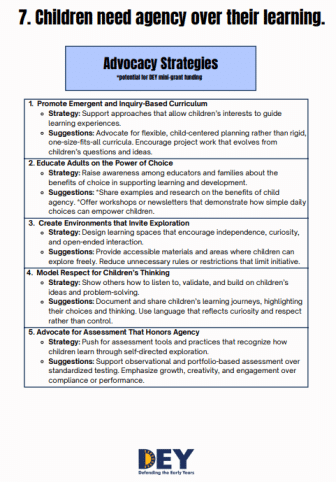 A chart titled "Advocacy Strategies" lists five ways to promote agency in children’s learning, including emergent curriculum, choice, exploration, child respect, and advocacy for teachers.