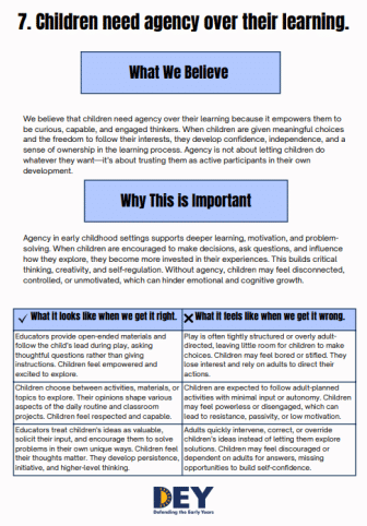 A document titled "Children need agency over their learning," explaining its importance, benefits, and differences between effective and ineffective approaches.