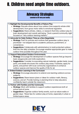 A list of five advocacy strategies for promoting outdoor time for children, including educational tips, daily routines, curriculum integration, and community partnerships.