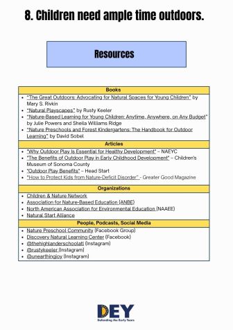 A resource list on outdoor time for children, divided into sections for books, articles, organizations, and podcasts, with titles and authors provided. The DEY logo is at the bottom.
