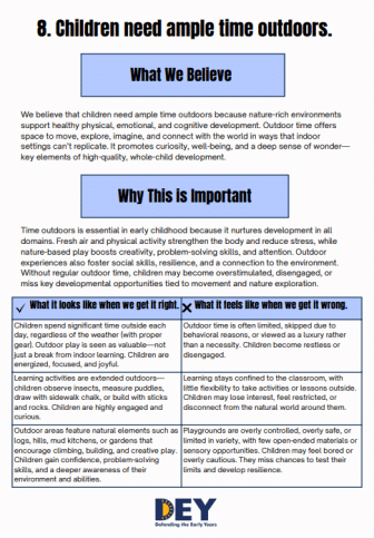 A fact sheet explains the importance of outdoor time for children, outlining beliefs, benefits, and differences between sufficient and insufficient outdoor experiences.