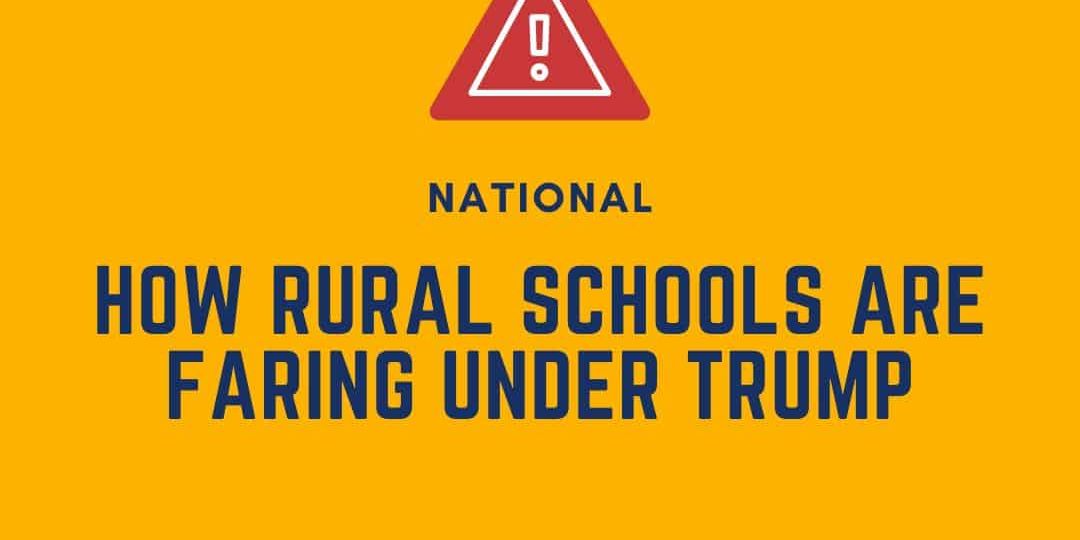 A graphic with the headline “How rural schools are faring under Trump” from Defending the Early Years, with a caution symbol and a link to www.dey.org.
