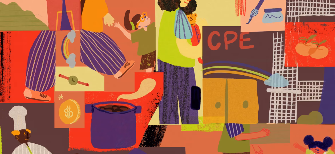 Colorful illustration featuring various people performing daily activities, including walking, gardening, pushing a stroller, carrying a child, and cooking, set against a patchwork background.