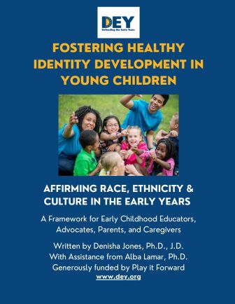 A group of diverse children and two adults laugh and play outdoors, featured on the cover of a defending the early years identity development guide.