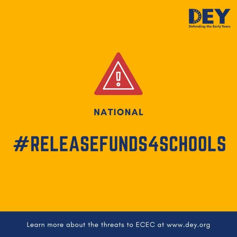 Yellow graphic with a red warning icon, the text 