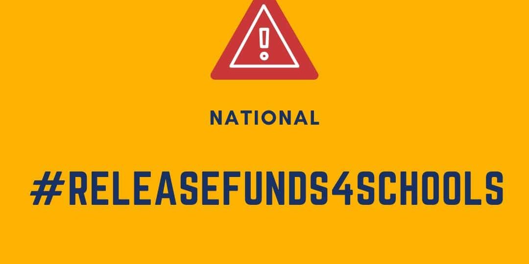 Yellow graphic with a red warning icon, the text "National #ReleaseFunds4Schools," and a footer mentioning threats to ECEC with a website link to www.dey.org.