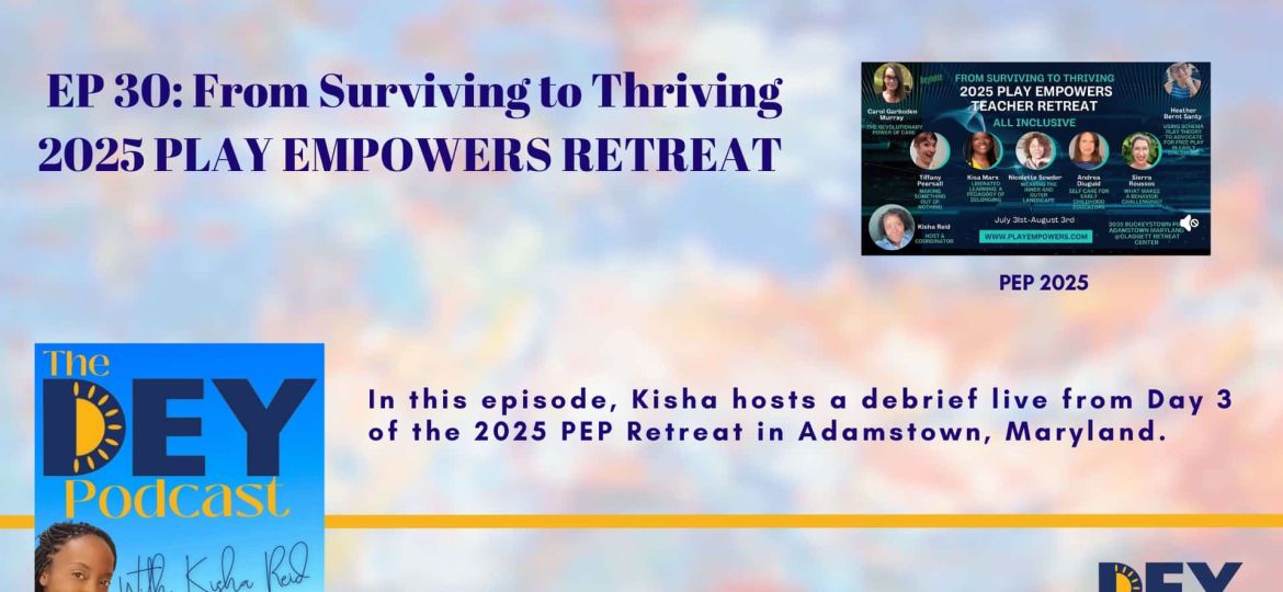 Promotional graphic for The DEY Podcast, episode 30, featuring a discussion on the 2025 PLAY Empowers Retreat held in Adamstown, Maryland, with images of speakers and event details.