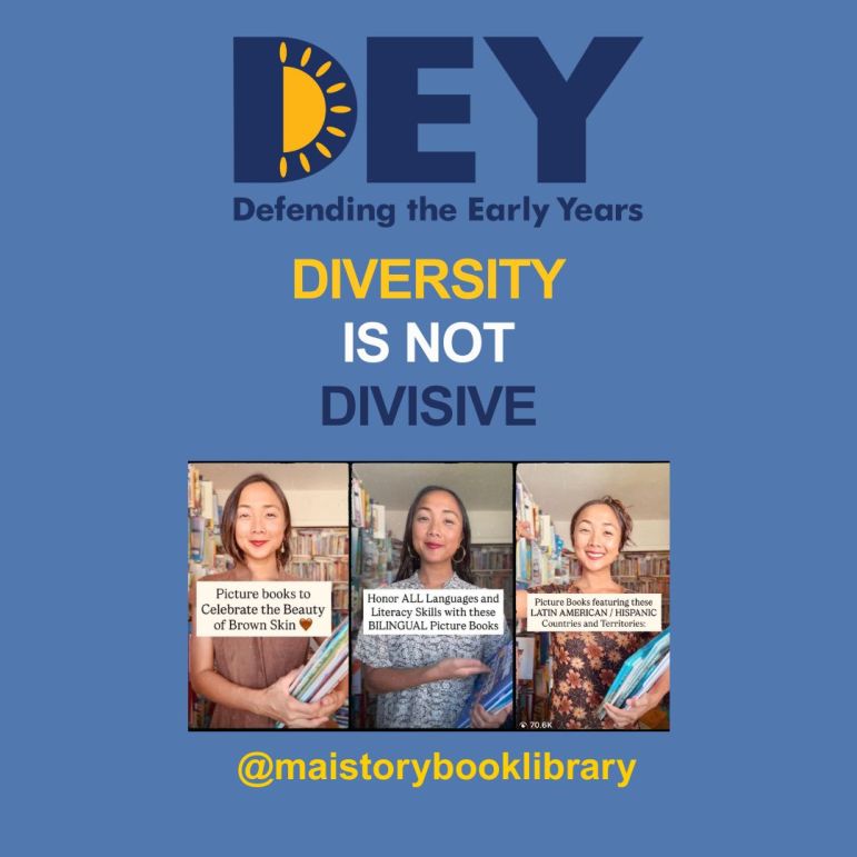 A woman holds picture books celebrating diversity, with text promoting the message 