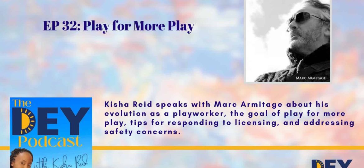 Promotional image for The DEY Podcast episode 32 featuring Kisha Reid and Marc Armitage discussing playwork, play licenses, safety, and the importance of play for children.