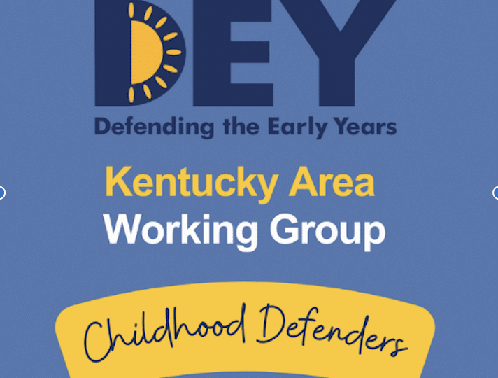 Logo for Defending the Early Years Kentucky Area Working Group with the phrase "Childhood Defenders" in yellow on a blue background.