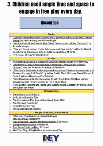 A list of resources related to children's free play, including books, articles, organizations, and podcasts, under the heading: "Children need ample time and space to engage in free play every day. A list of resources related to children's free play, including books, articles, organizations, and podcasts, under the heading: "Children need ample time and space to engage in free play every day.