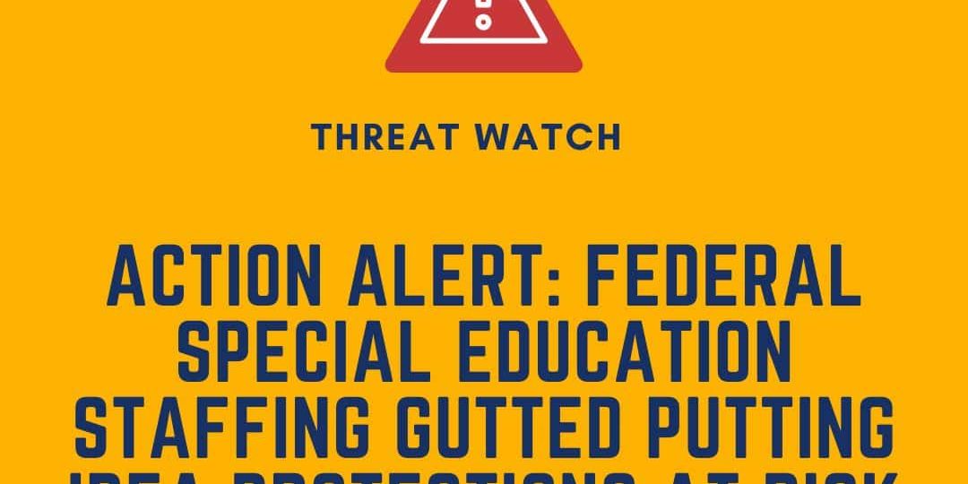Yellow graphic with a warning symbol and text: “Action Alert: Federal special education staffing gutted putting IDEA protections at risk.” DEY logo and website appear at the top and bottom.