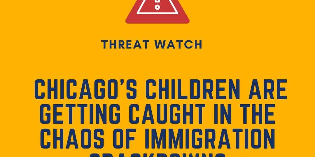 A graphic with a warning symbol reads, "Chicago’s children are getting caught in the chaos of immigration crackdowns." DEY logo and website appear on the image.