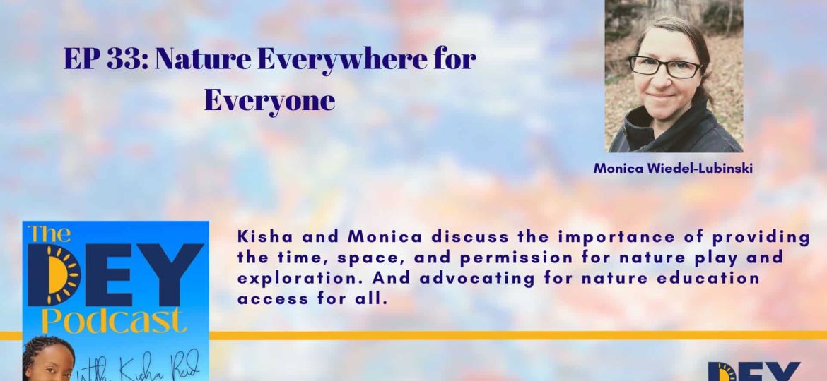 Podcast episode graphic with the title "EP 33: Nature Everywhere for Everyone." Features photos of hosts and guest Monica Wiedel-Lubinski, with a summary about advocating for nature education access.
