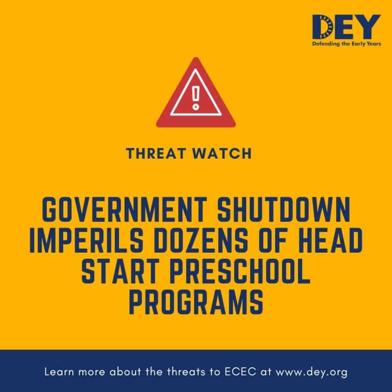 A warning graphic stating that a government shutdown threatens many Head Start preschool programs, with a website link for more information.