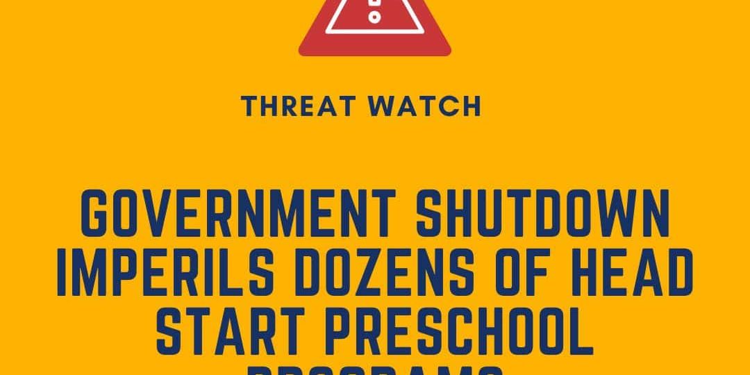 A warning graphic stating that a government shutdown threatens many Head Start preschool programs, with a website link for more information.