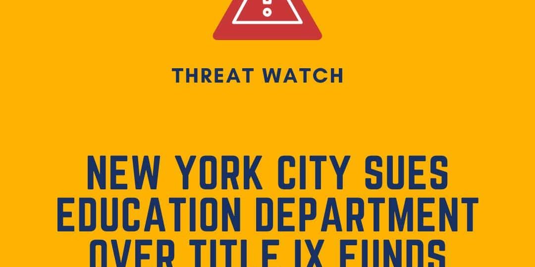 Yellow graphic with a warning icon. Text reads: "New York City sues Education Department over Title IX funds." DEY logo and website link appear.