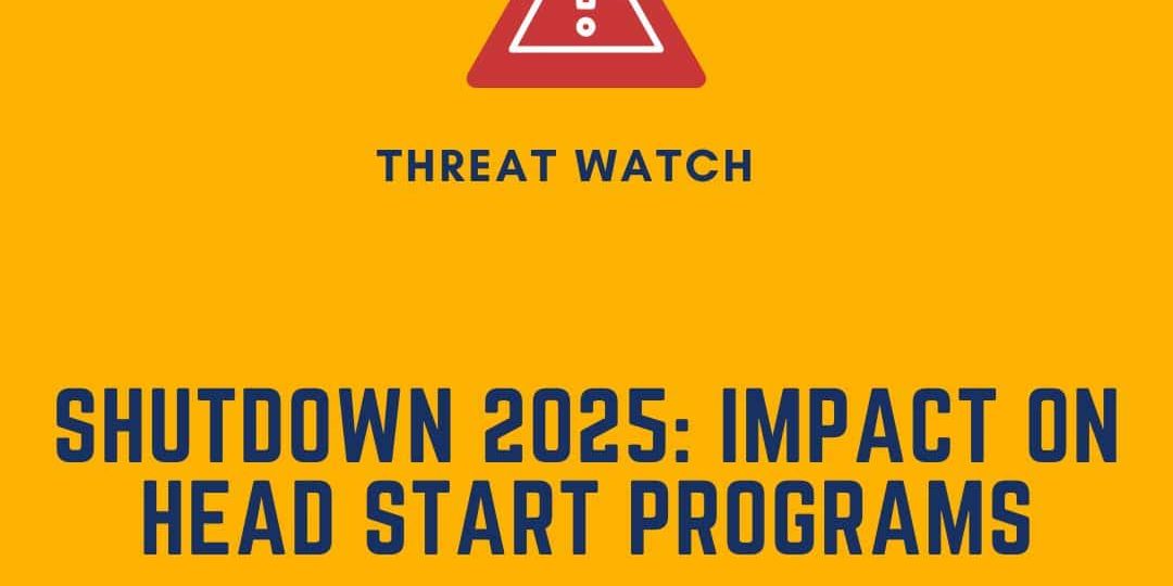 Yellow graphic with a red warning icon and text: "Threat Watch: Shutdown 2025: Impact on Head Start Programs." DEY logo at top right; website link at bottom.