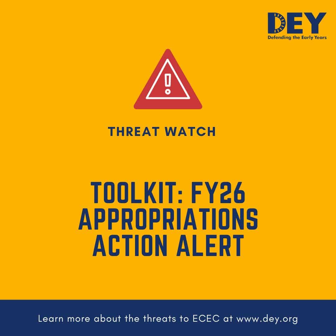 A yellow graphic with a warning icon and the text: “Threat Watch Toolkit: FY26 Appropriations Action Alert” by DEY, with a site link for more information.