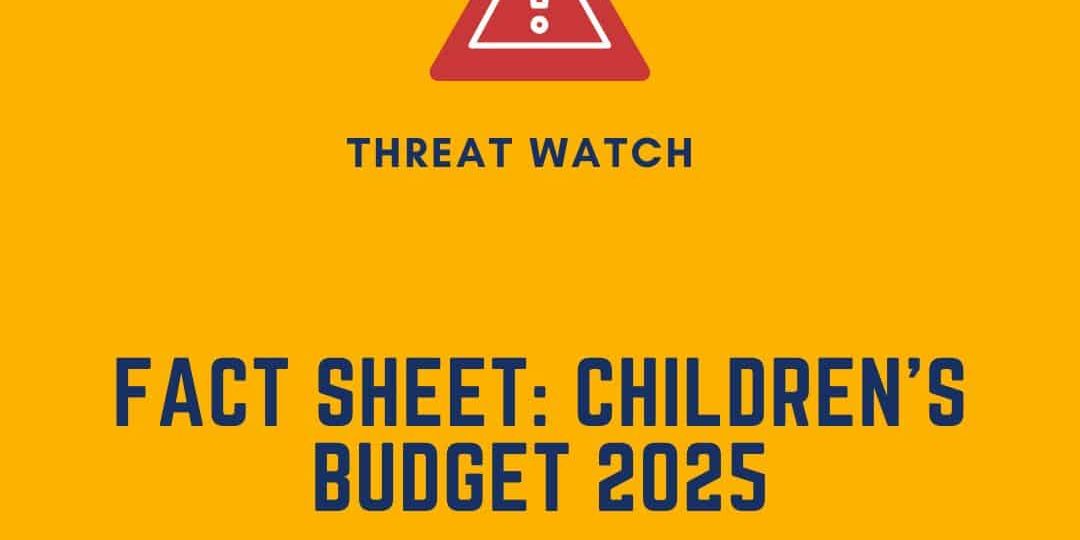 A warning icon above the text "Threat Watch: Fact Sheet: Children’s Budget 2025" on a yellow background with a DEY logo and website link at the bottom.