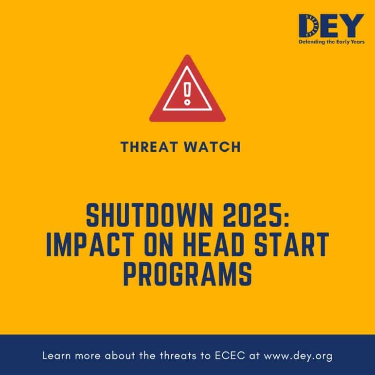 A warning icon above the text “Shutdown 2025: Impact on Head Start Programs” on a yellow background with Defending the Early Years branding.
