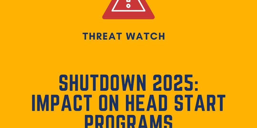 A warning icon above the text “Shutdown 2025: Impact on Head Start Programs” on a yellow background with Defending the Early Years branding.