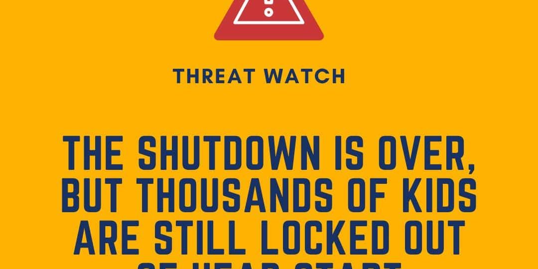 Yellow graphic with a red warning icon and text: "The shutdown is over, but thousands of kids are still locked out of Head Start." DEY logo and website at the bottom.