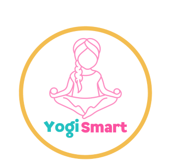 Logo with a simple line drawing of a person in a seated yoga pose inside a yellow circle, with the text "Yogismart" below in blue and pink letters.