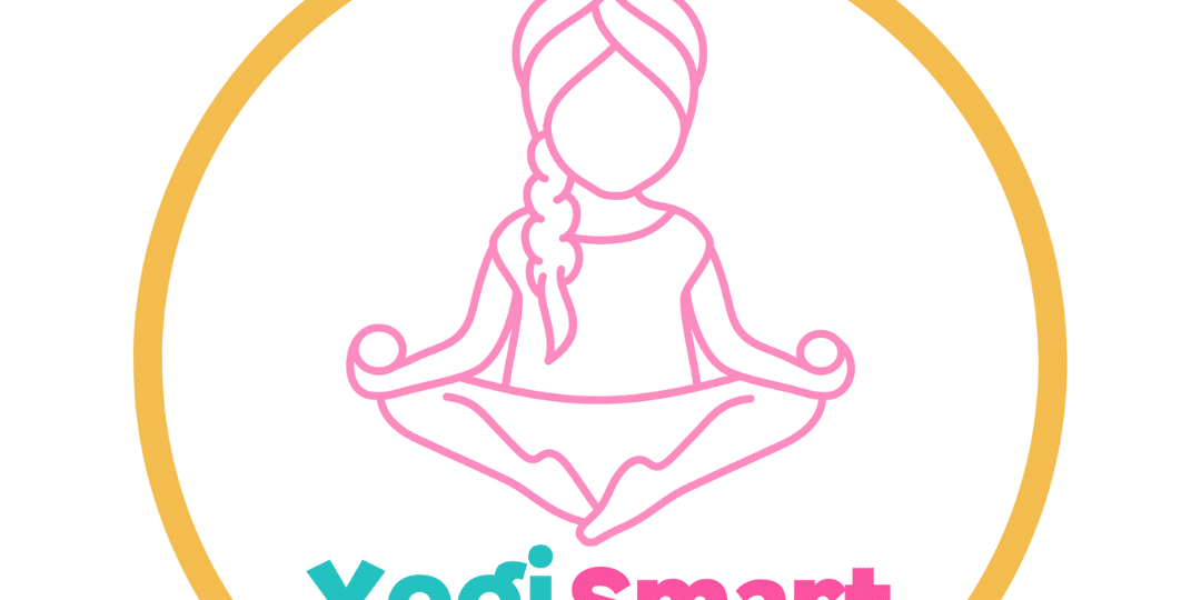 Logo with a simple line drawing of a person in a seated yoga pose inside a yellow circle, with the text "Yogismart" below in blue and pink letters.