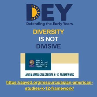 A graphic promoting Asian American Studies K-12 Framework with the message "Diversity is not divisive" and a link to a resource website.