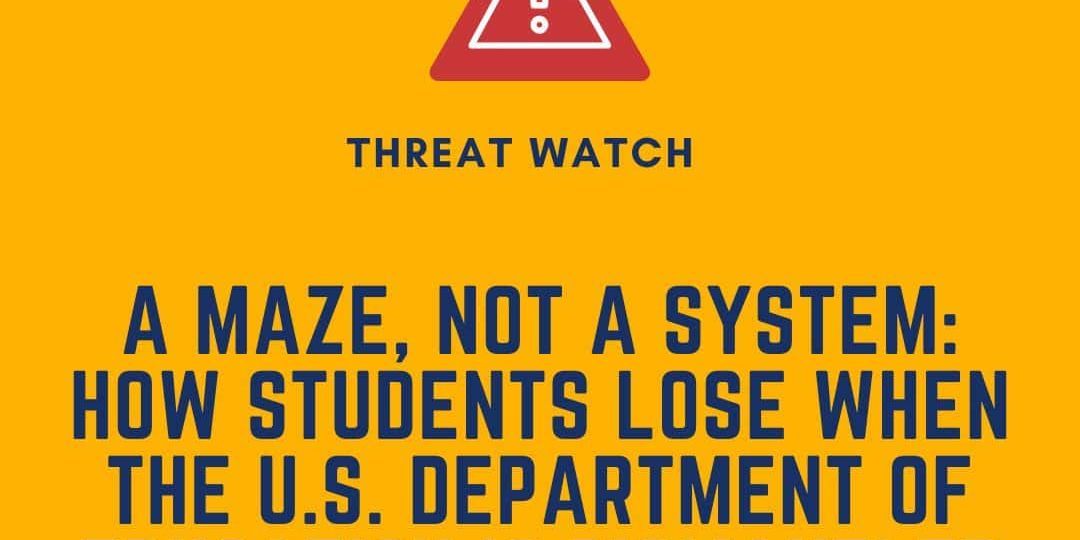 Yellow graphic with a red warning triangle, the headline reads: "A Maze, Not a System: How Students Lose When the U.S. Department of Education Is Dismantled." DEY logo in the top right.