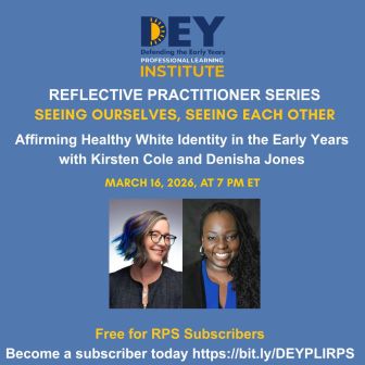 Promotional graphic for a webinar titled “Affirming Healthy White Identity in the Early Years,” presented by Defending the Early Years, featuring speakers Kirsten Cole and Denisha Jones, scheduled for March 16, 2026, at 7 PM ET.
