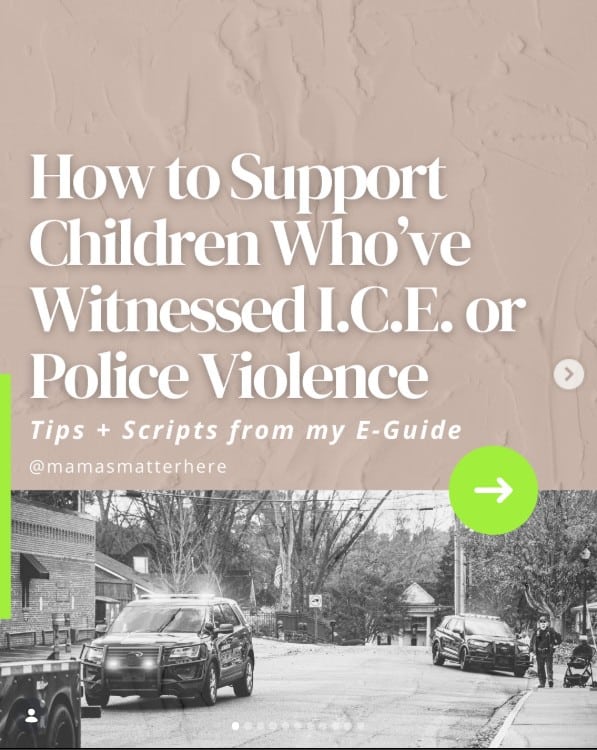 Text reads "How to Support Children Who’ve Witnessed I.C.E. or Police Violence." Below is an image of police cars with flashing lights on a road near houses and trees.