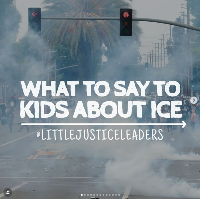 Busy street with traffic lights, palm trees, and smoke in the air. Text overlay reads: "What to say to kids about ICE @littlejusticeleaders.