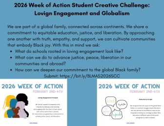 Informational flyer for the 2026 Week of Action Student Creative Challenge on loving engagement and globalism, featuring event dates, questions for reflection, early childhood videos, and submission details.