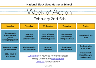 A schedule for the National Black Lives Matter at School Week of Action, February 2nd-6th, listing daily event themes, activities for each weekday, and recommended early childhood videos to support learning.