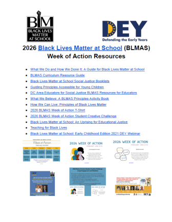 A resource flyer for the 2026 Black Lives Matter at School Week of Action, listing links to guides, webinars, early childhood videos, and educational materials, with logos and small preview images included.