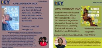 Two promotional flyers for June book talks feature authors Kisa Marx and Alissa Mwenelupembe, with event details, book covers, and registration links for free webinars about early childhood education and defending the early years. Two promotional flyers for June book talks feature authors Kisa Marx and Alissa Mwenelupembe, with event details, book covers, and registration links for free webinars about early childhood education and defending the early years.